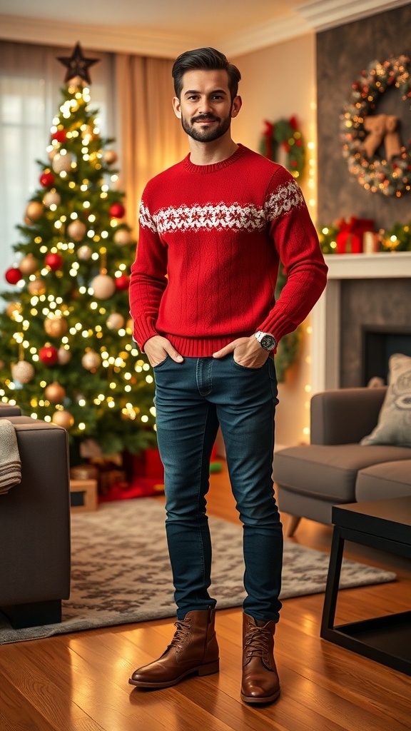 A man in a red sweater and jeans in a decorated Christmas living room.